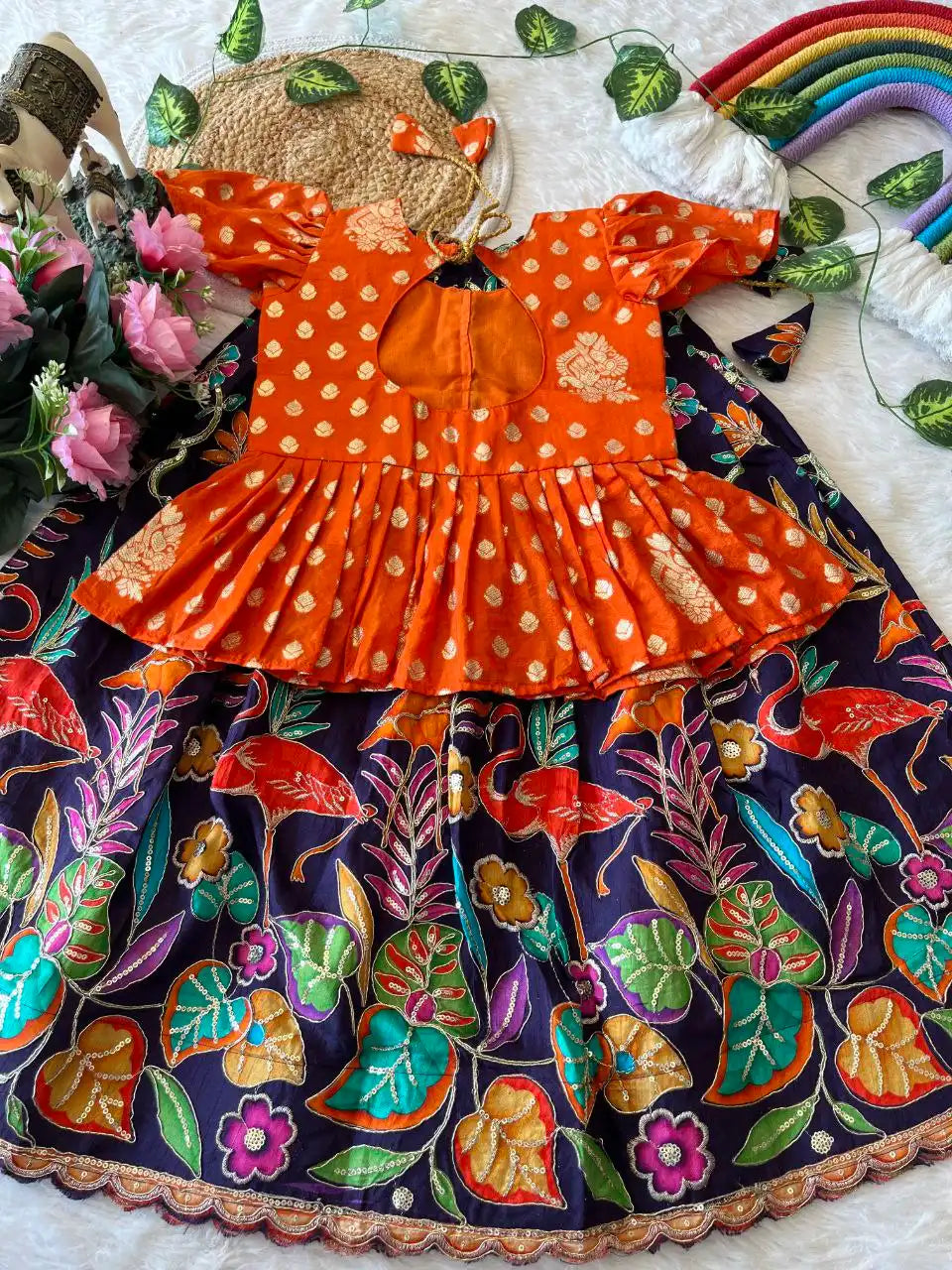 Kids Dola Silk Position Embroidered Lehenga Set - Orange