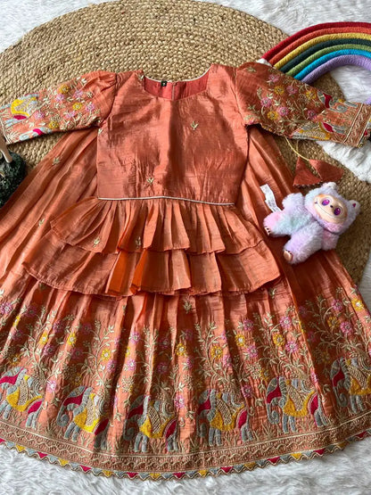 Kids Crush Fabric Elephant Embroidery Lehenga Set - Orange