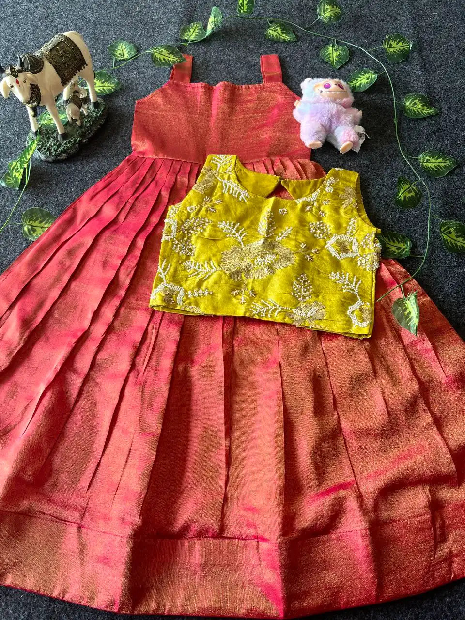 Kids Tissue Gown with Handwork Coat - Red