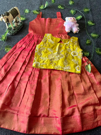 Kids Tissue Gown with Handwork Coat - Red
