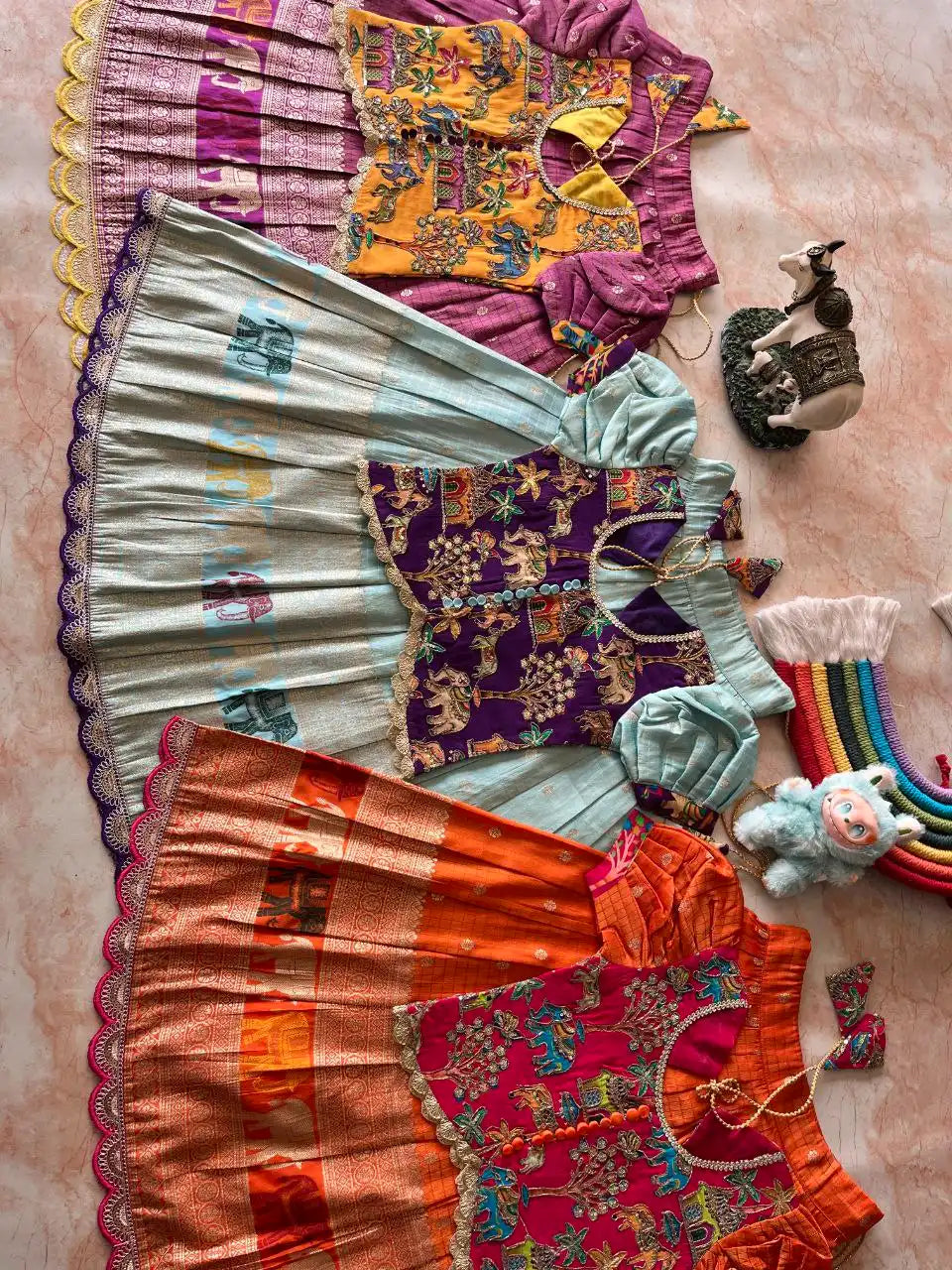 Kids Elephant 3D Weaving Lehenga - Orange