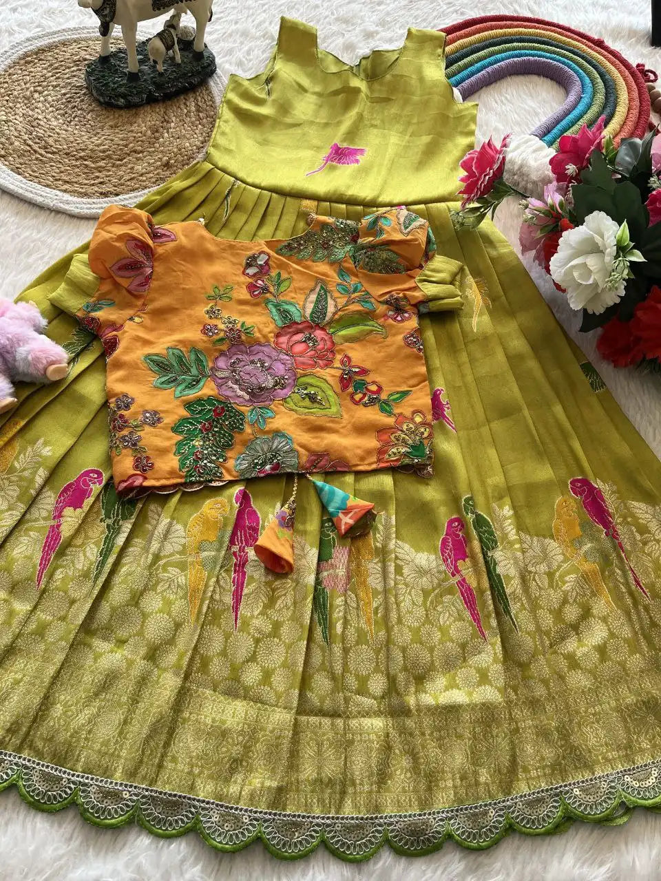 Parrot Design Floral Kids Gown with Coat - Parrot