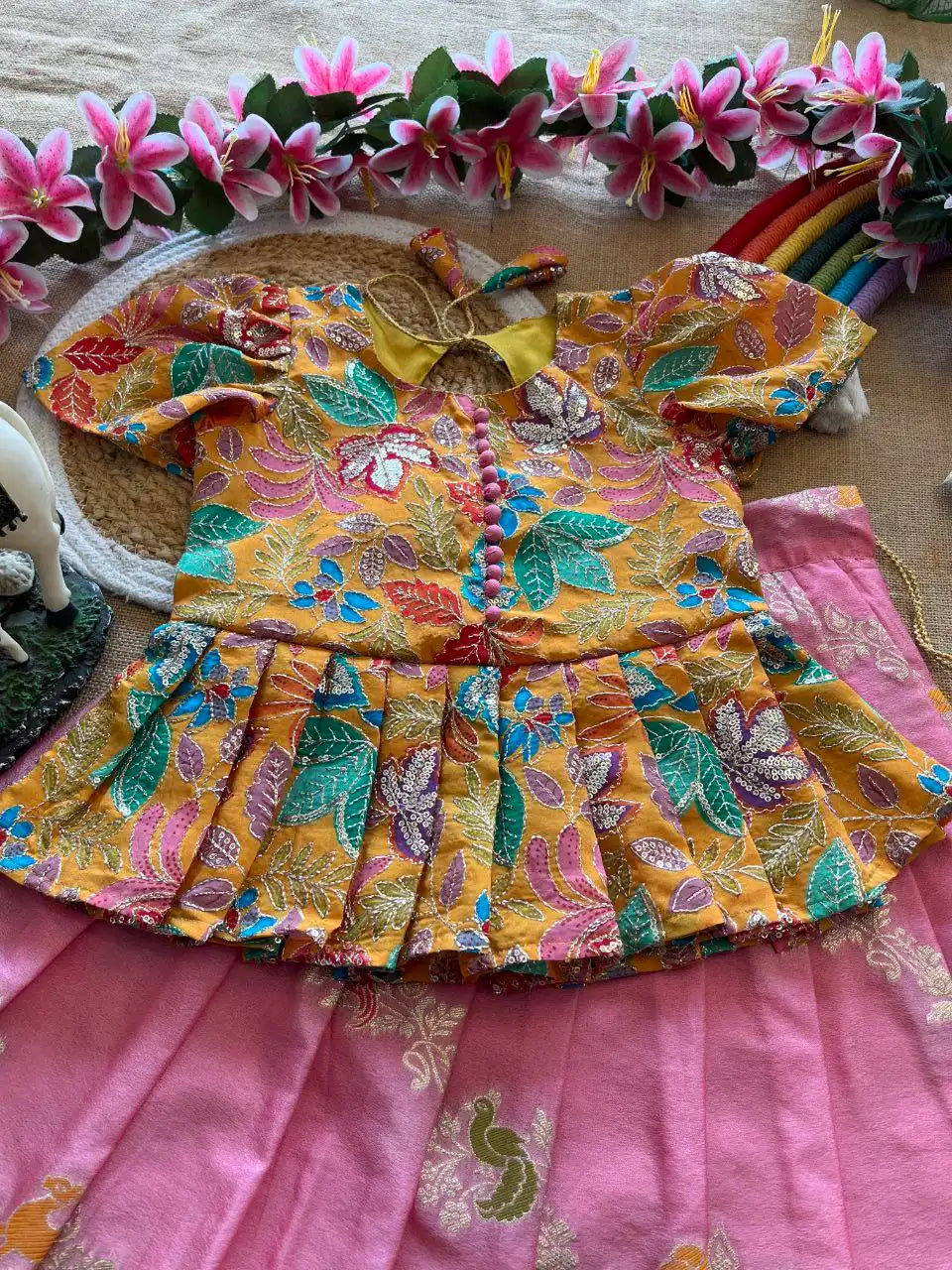 Kids Khadi Silk Animal Theme Weaving Lehenga - Baby Pink