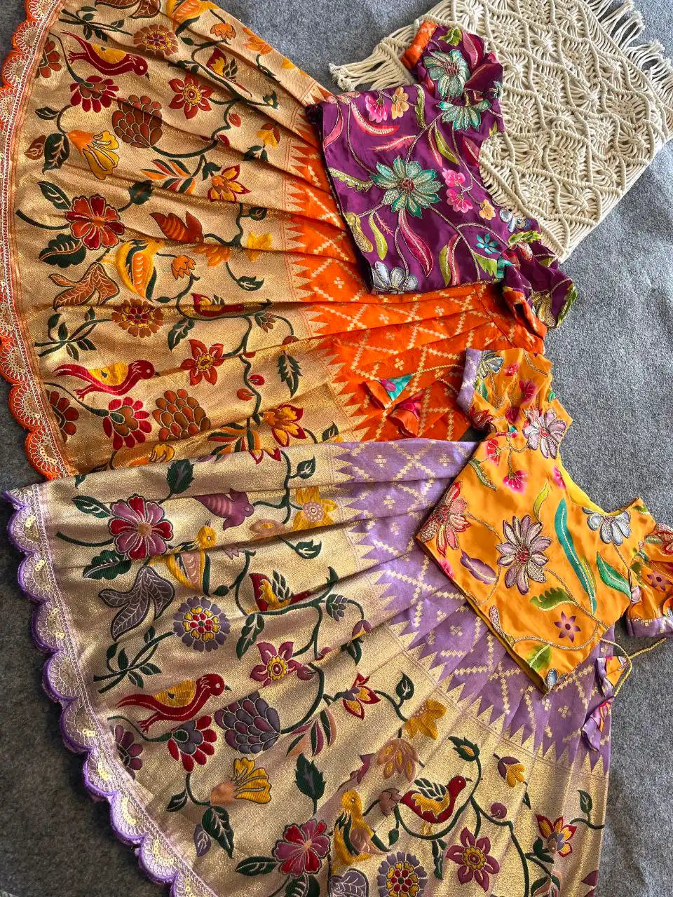 Dola Silk Parrot Meena Weaving Kids Lehenga - Orange