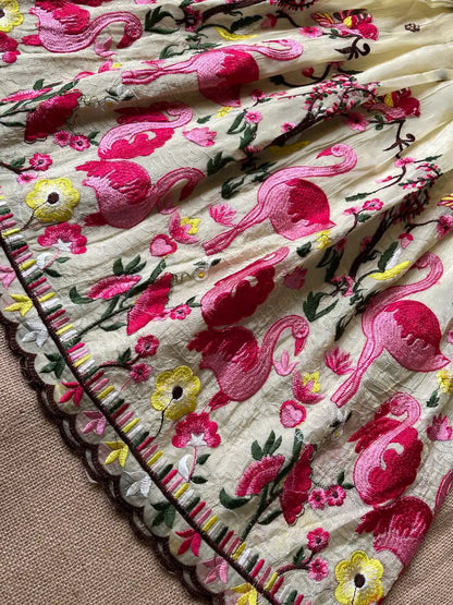 Flamingo Embroidery Kids Gown & Coat - Cream