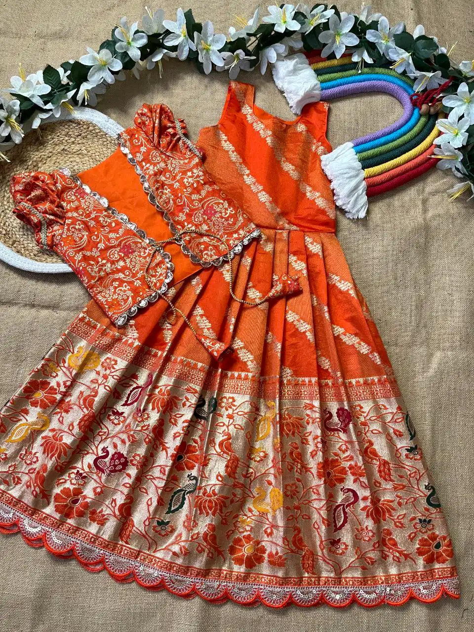 Soft Tissue Silk Paithani Weaving Kids Gown - Orange