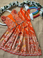 Soft Tissue Silk Paithani Weaving Kids Gown - Orange