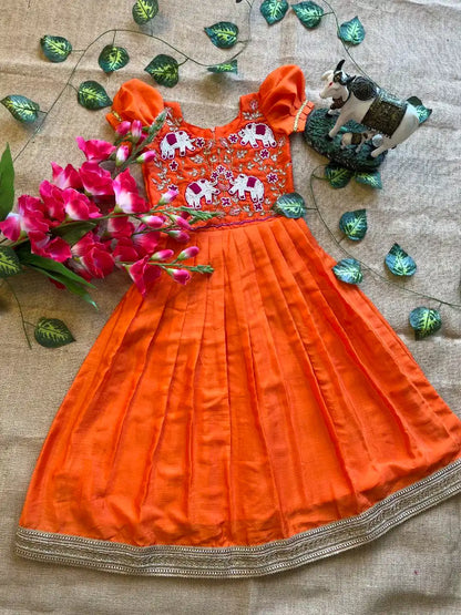 Kids Elephant Handwork Gown - Orange