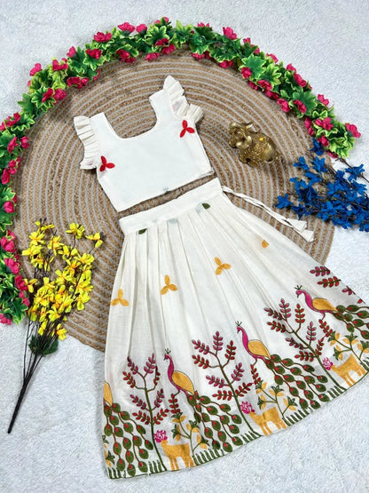 Kids Peacock Cotton Summer Embroidery Lehenga