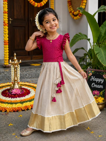 Kids Kerala Onam Special Lehenga-Choli - Pink
