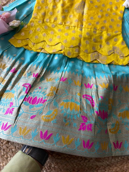 Kids Kalamkari Lehenga - Yellow & Sky