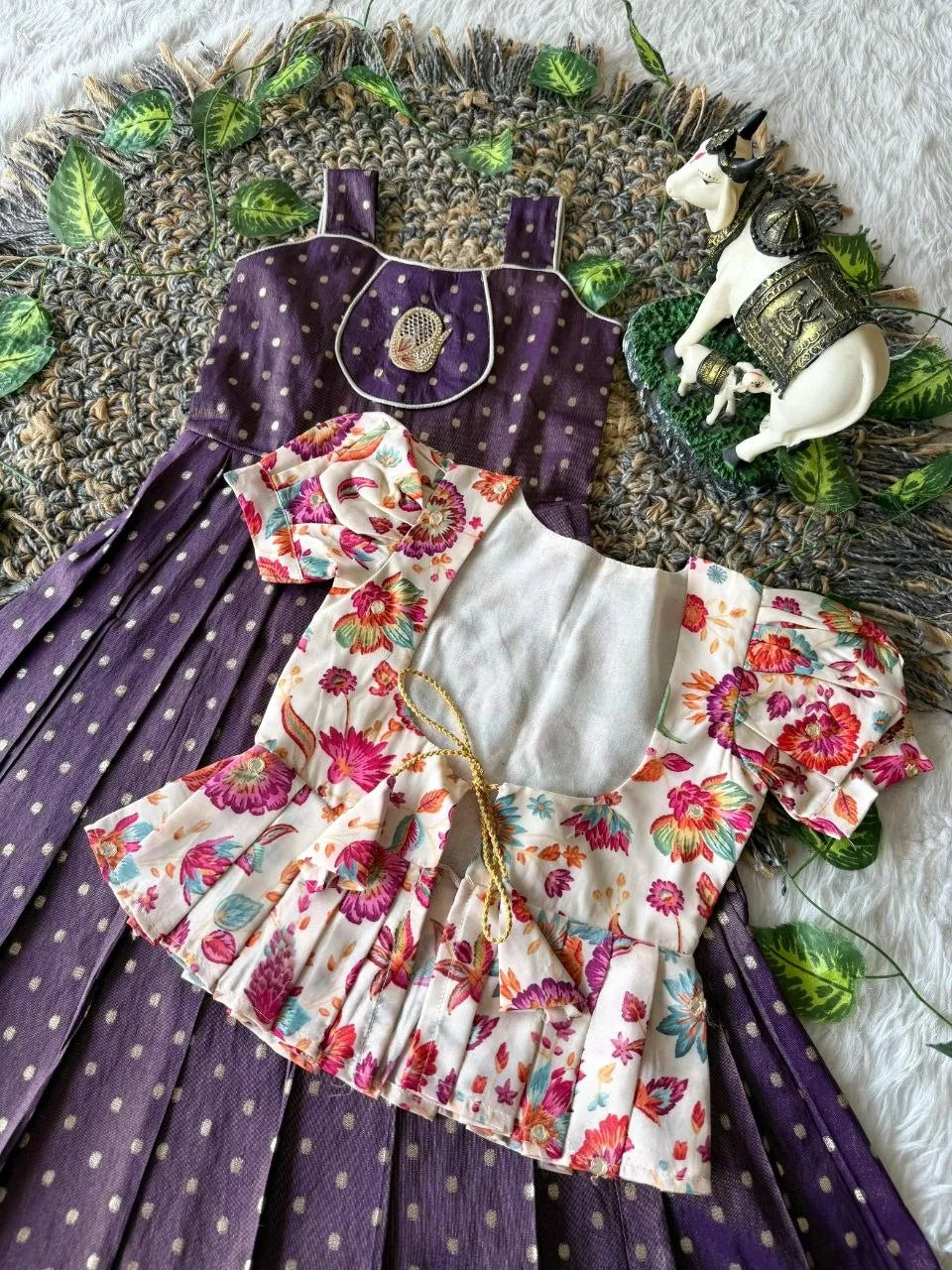 Kids Tissue Gown Kalamkari Mirror Work Coat - Purple