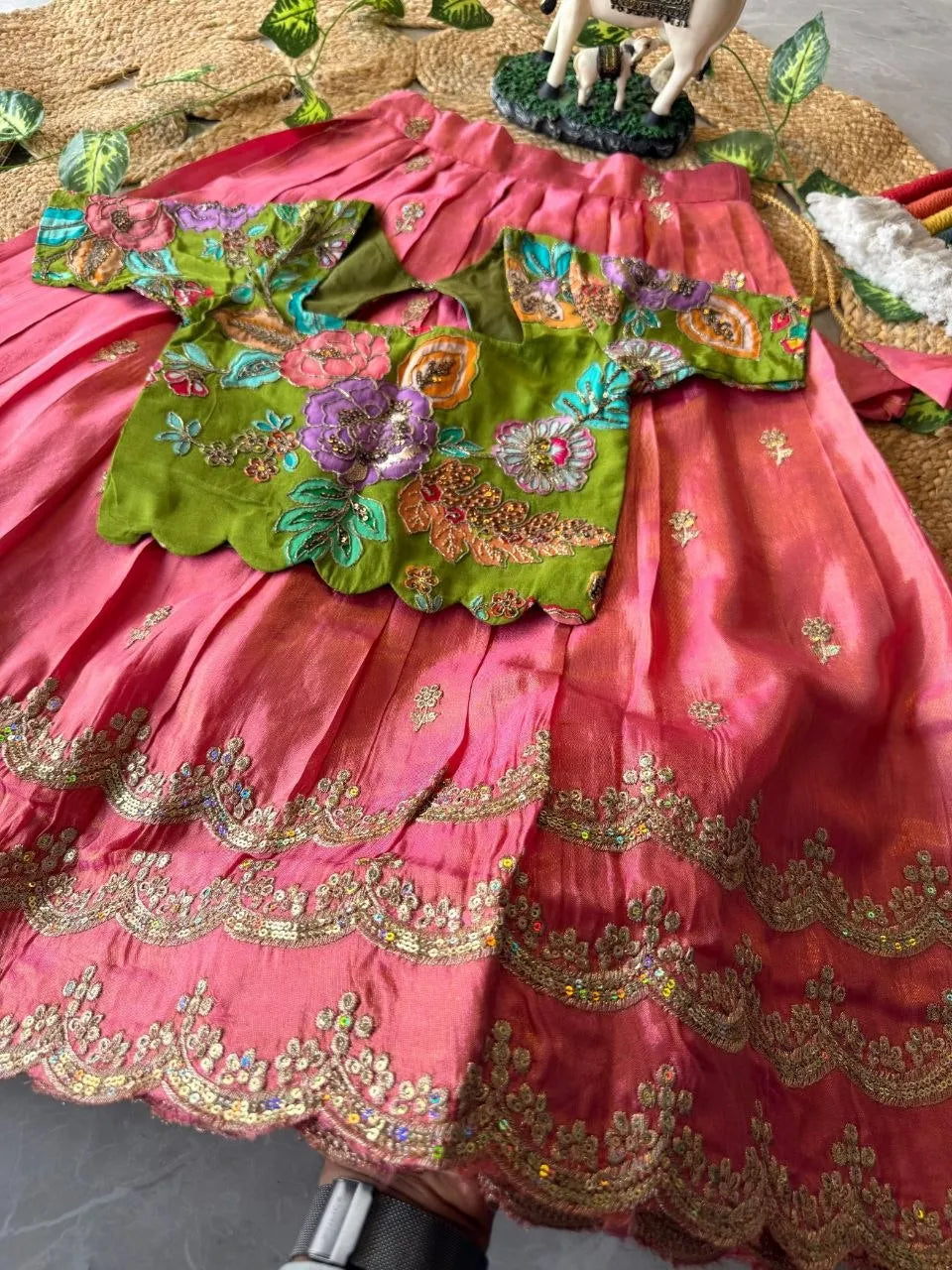 Kids Rainbow Work Designer Lehenga - Parrot & Pink