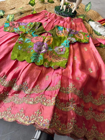 Kids Rainbow Work Designer Lehenga - Parrot & Pink