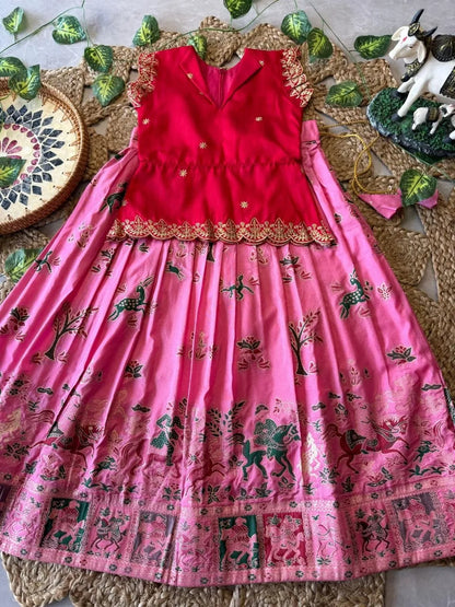 Kids Jungle Theme Position Jacquard Lehenga - Red-Pink