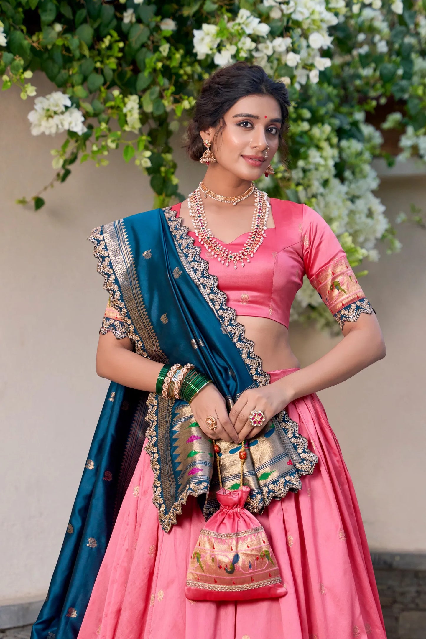 Maharashtrian Wedding Paithani Lehenga Choli - Light Pink