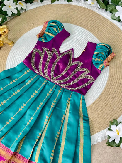 Jaquard Silk Lotus Maggam Work Gown/Frock - Purple & Rama