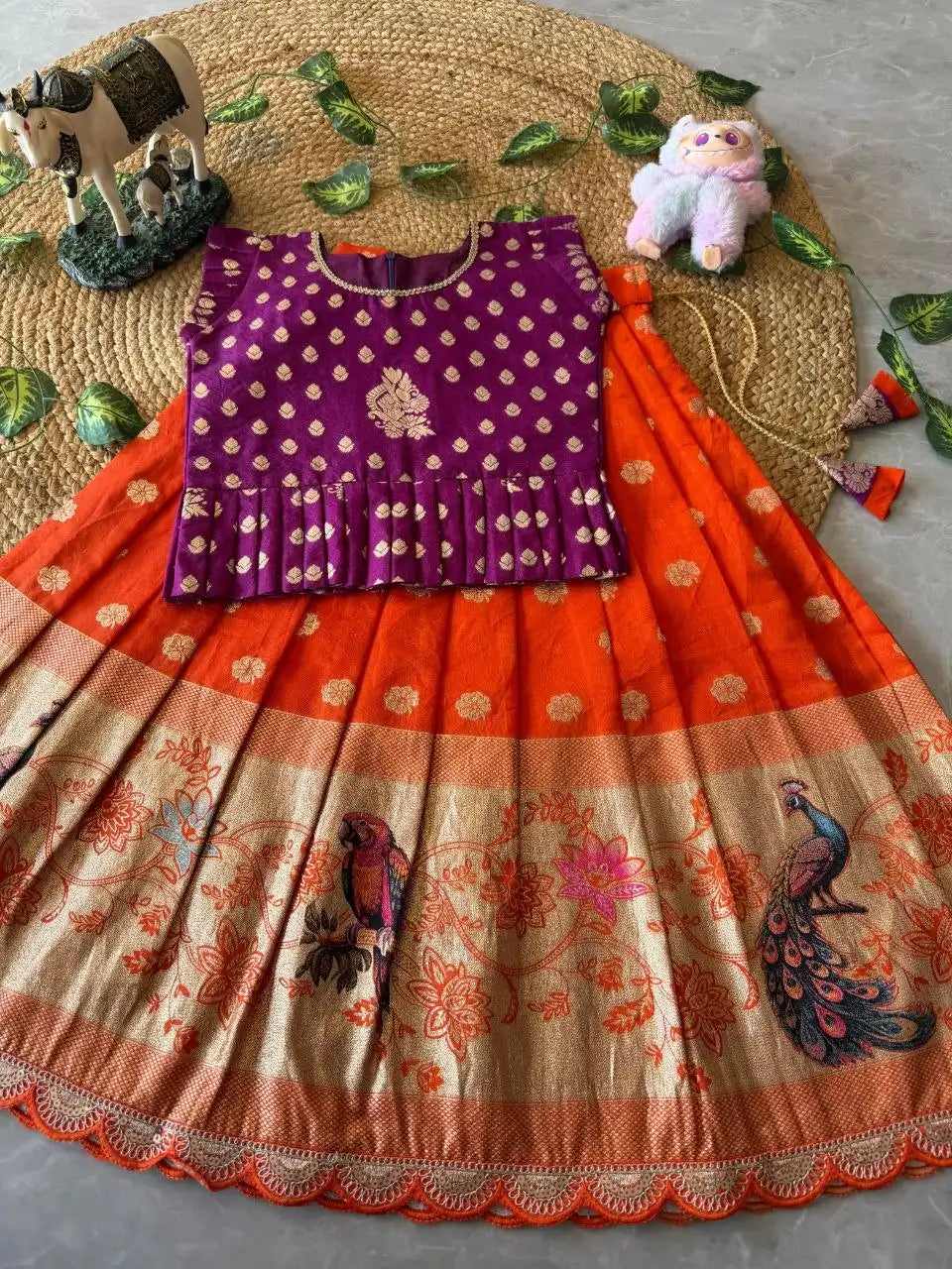 Peacock Grace Kids Lehenga Set - Purple & Orange