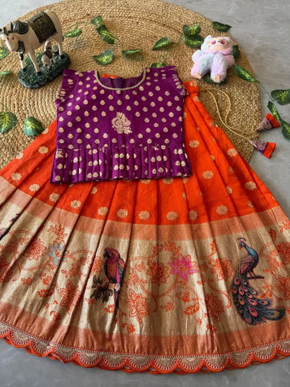 Peacock Grace Kids Lehenga Set - Purple & Orange