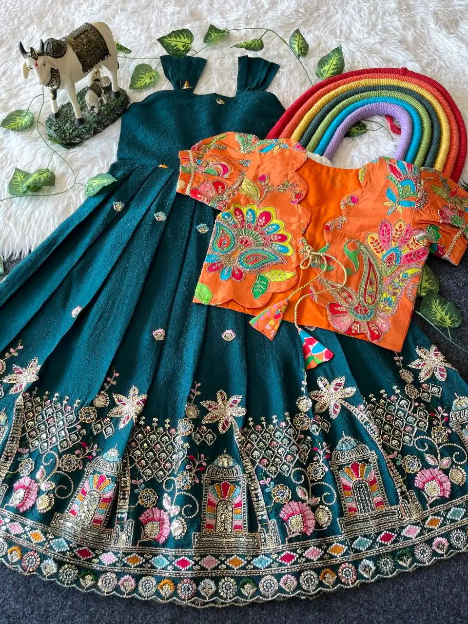 Temple Garden Designer Kids Festive Gown Set - Firozi