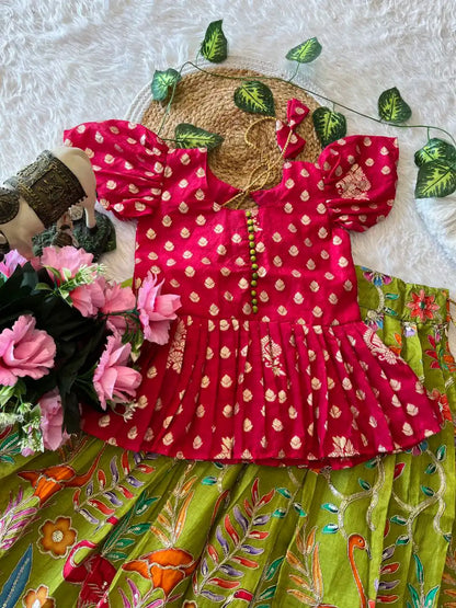 Kids Dola Silk Position Embroidered Lehenga Set - Pink