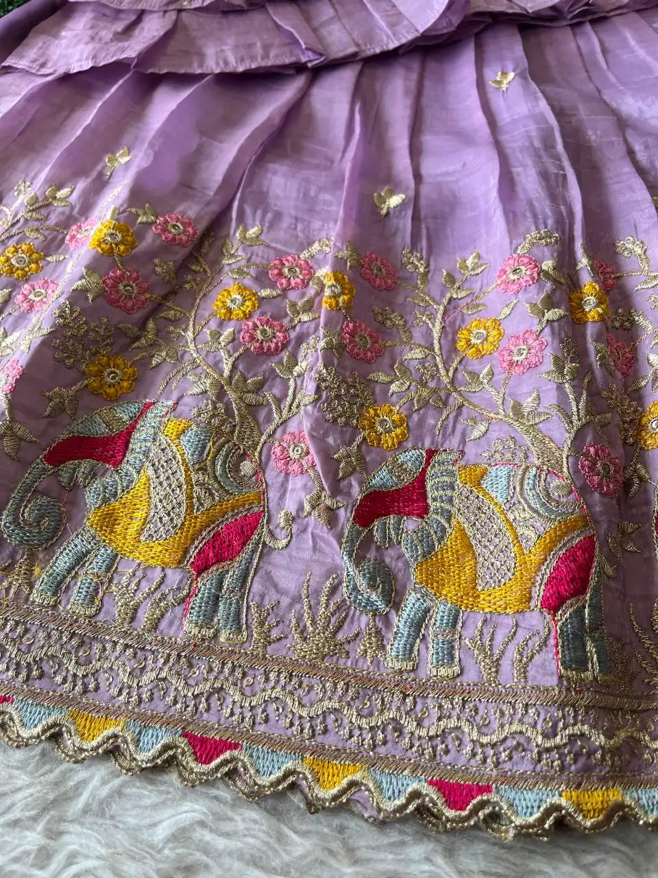 Kids Crush Fabric Elephant Embroidery Lehenga Set - Lavender