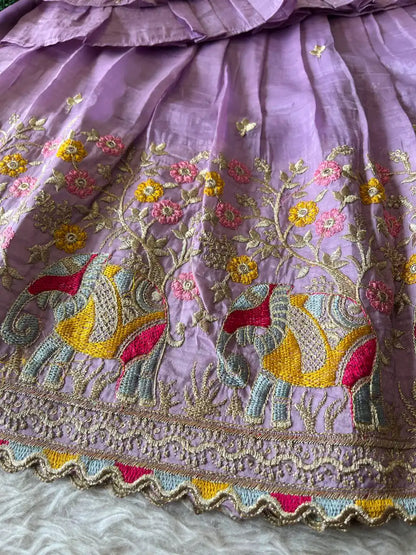 Kids Crush Fabric Elephant Embroidery Lehenga Set - Lavender