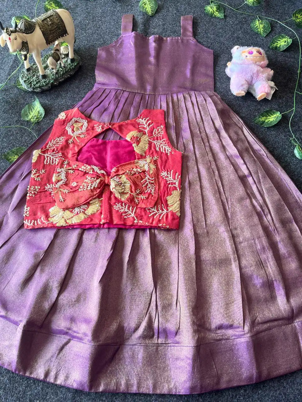 Kids Tissue Gown with Handwork Coat - Lilac & pink