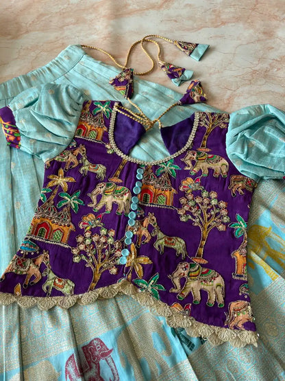 Kids Elephant 3D Weaving Lehenga - Sky