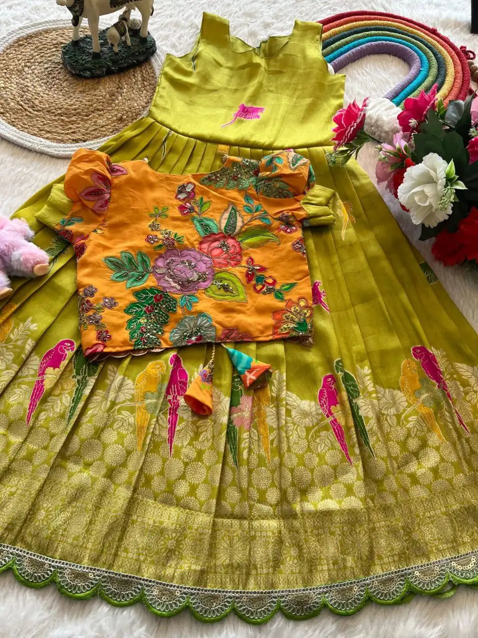 Parrot Design Floral Kids Gown with Coat - Parrot
