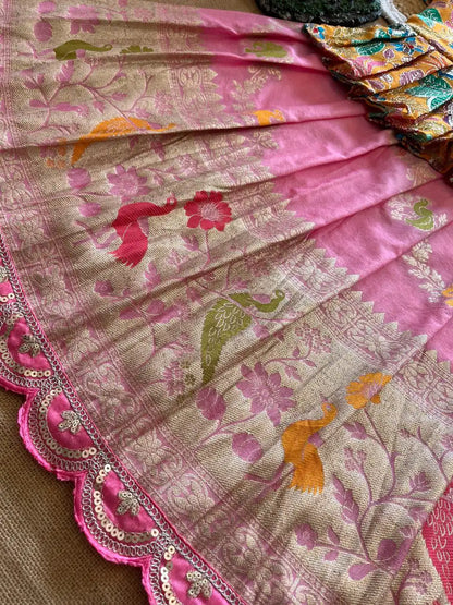 Kids Khadi Silk Animal Theme Weaving Lehenga - Baby Pink