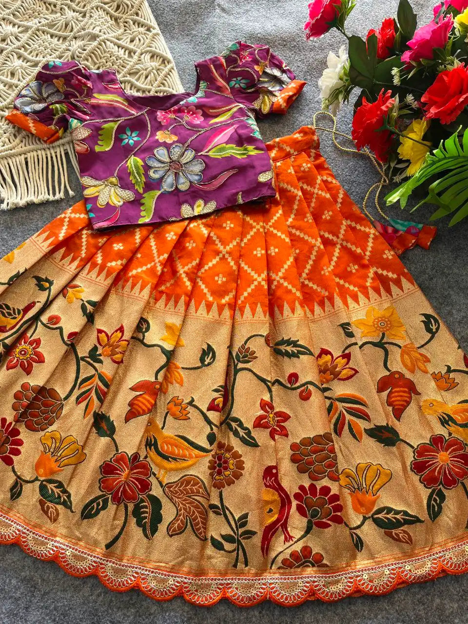 Dola Silk Parrot Meena Weaving Kids Lehenga - Orange