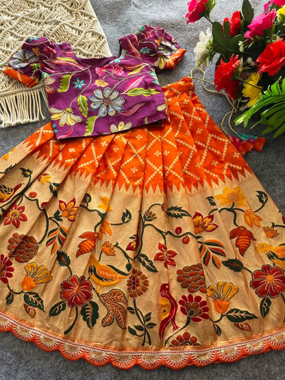 Dola Silk Parrot Meena Weaving Kids Lehenga - Orange