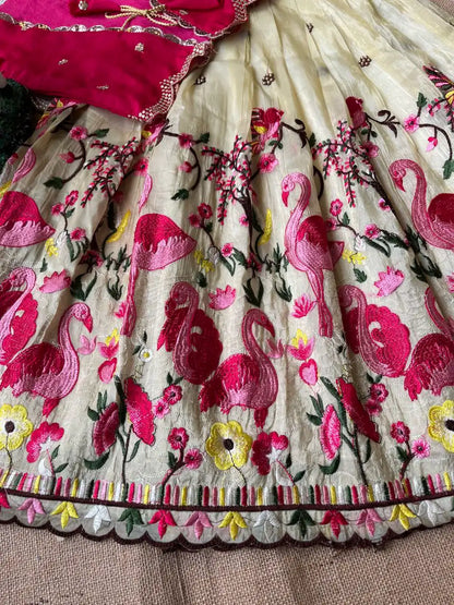 Flamingo Embroidery Kids Gown & Coat - Cream