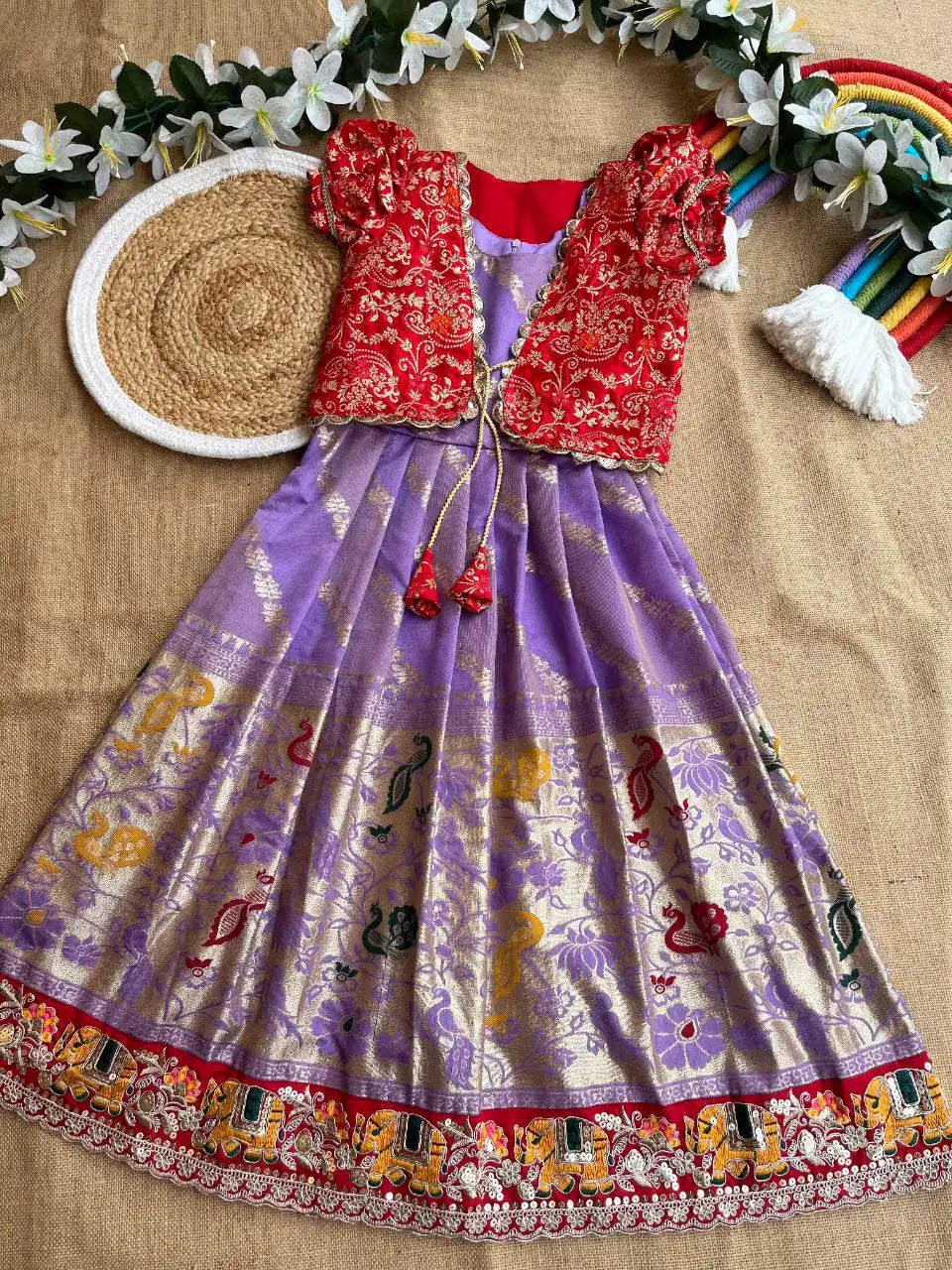 Soft Tissue Silk Paithani Weaving Kids Gown - Lilac