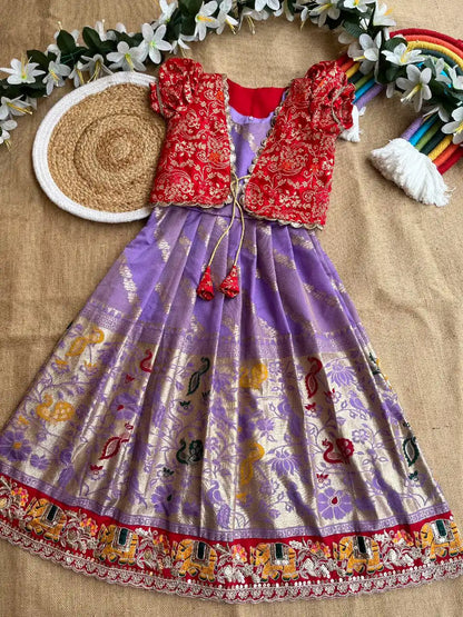 Soft Tissue Silk Paithani Weaving Kids Gown - Lilac