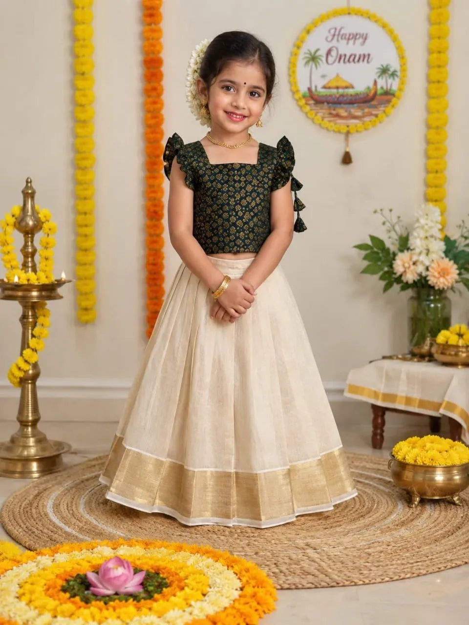 Kids Kerala Onam Special Lehenga-Choli - Black