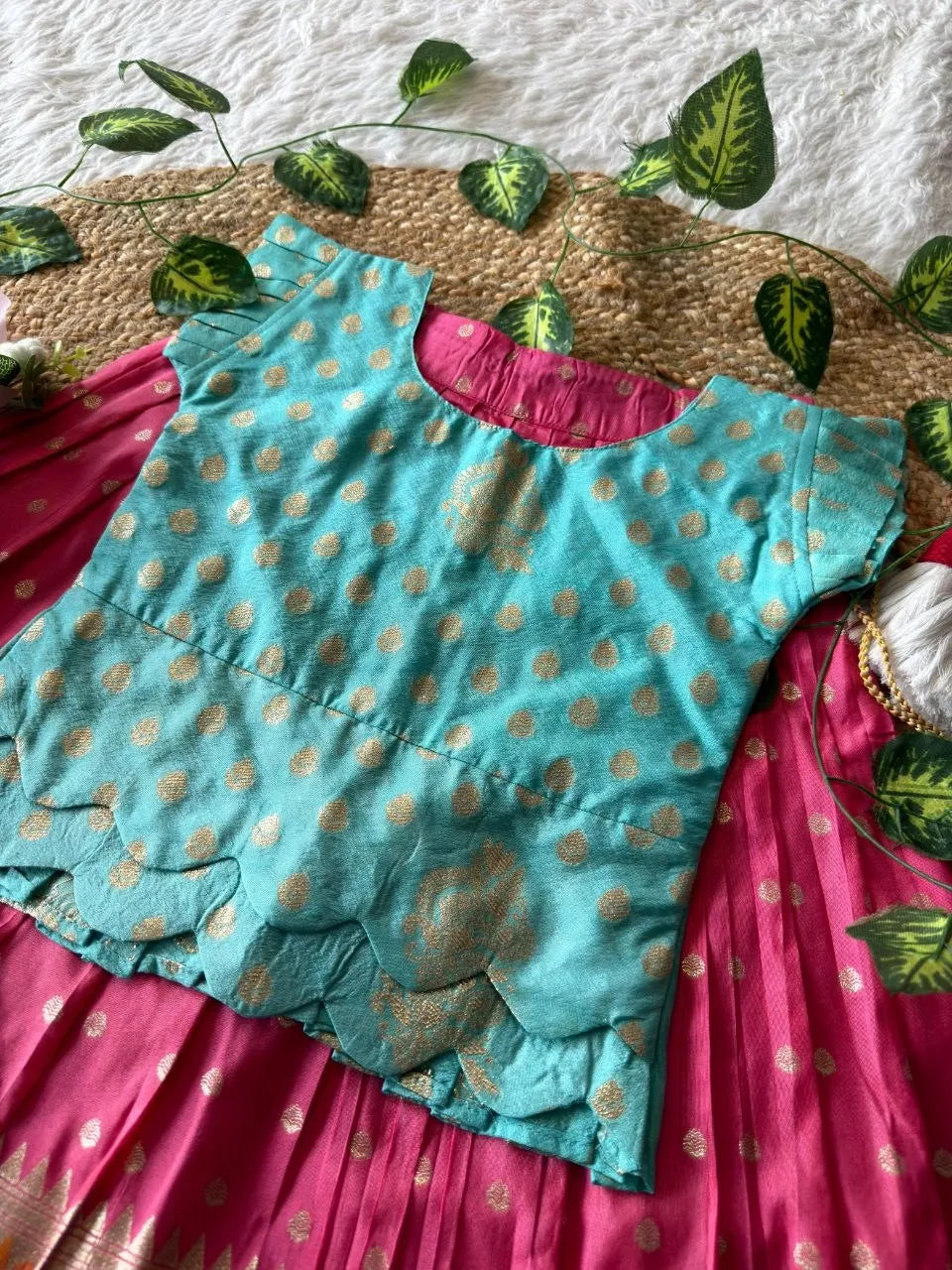 Kids Kalamkari Lehenga - Sky & Pink