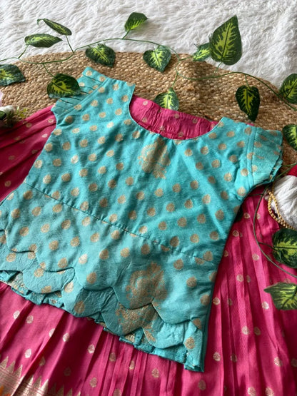 Kids Kalamkari Lehenga - Sky & Pink