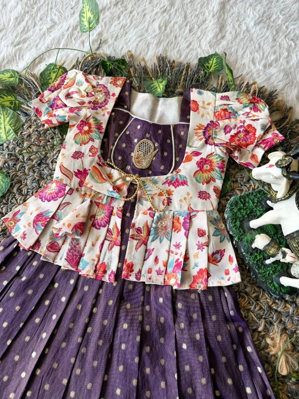 Kids Tissue Gown Kalamkari Mirror Work Coat - Purple