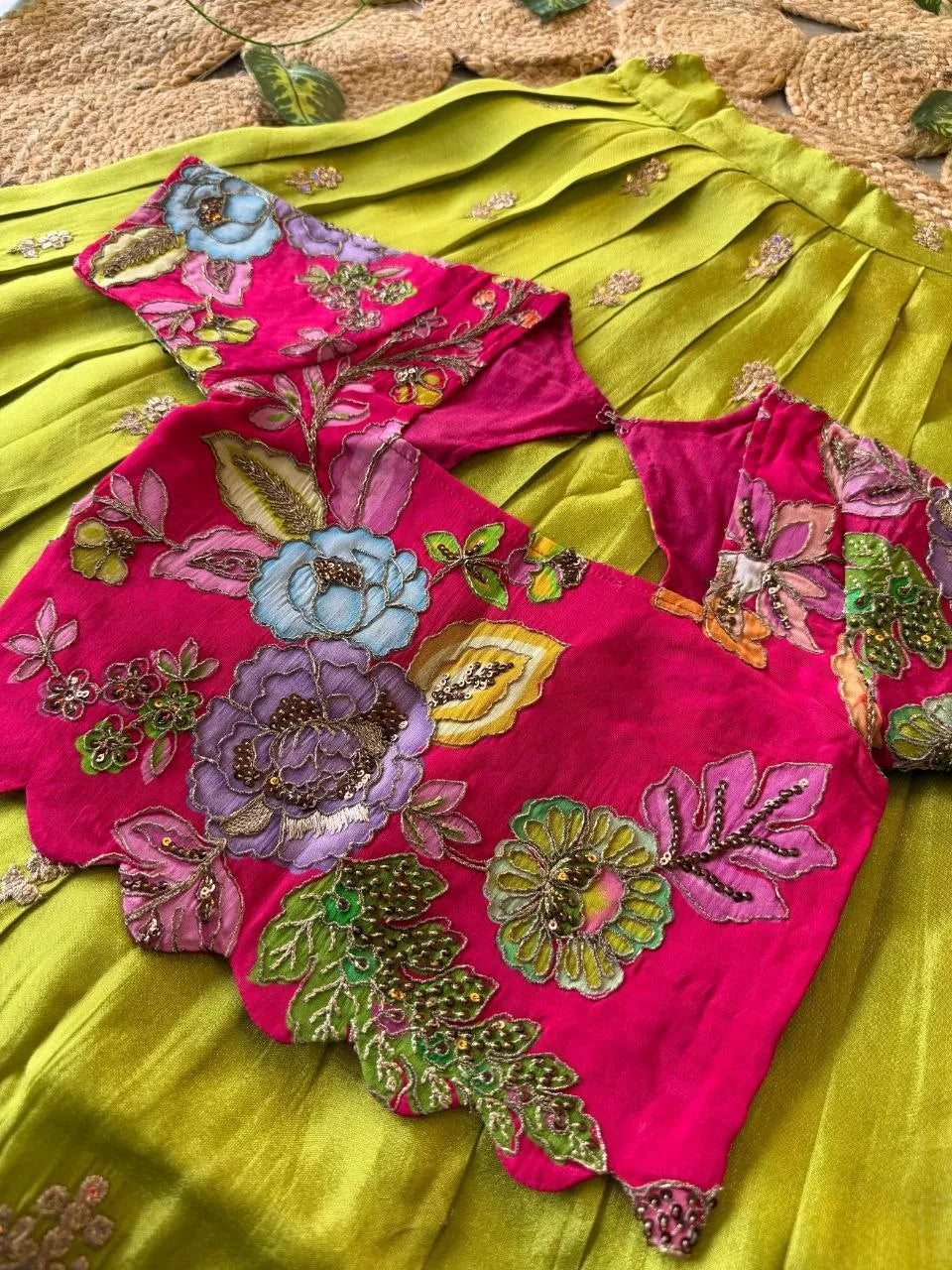 Kids Rainbow Work Designer Lehenga - Pink & Parrot