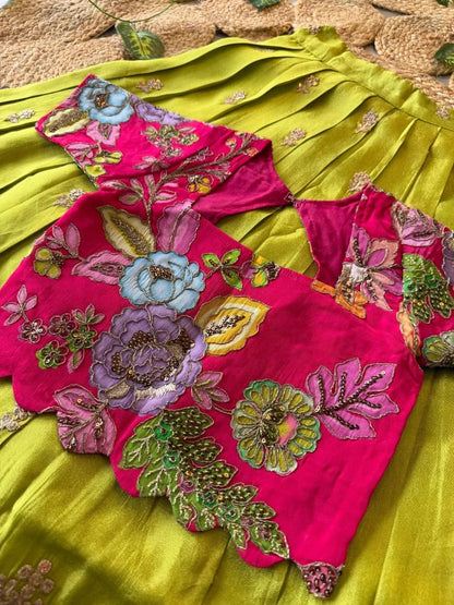 Kids Rainbow Work Designer Lehenga - Pink & Parrot