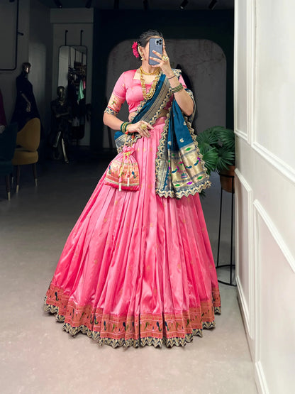 Maharashtrian Wedding Paithani Lehenga Choli - Light Pink