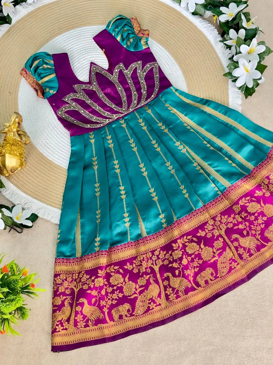 Jaquard Silk Lotus Maggam Work Gown/Frock - Purple & Rama