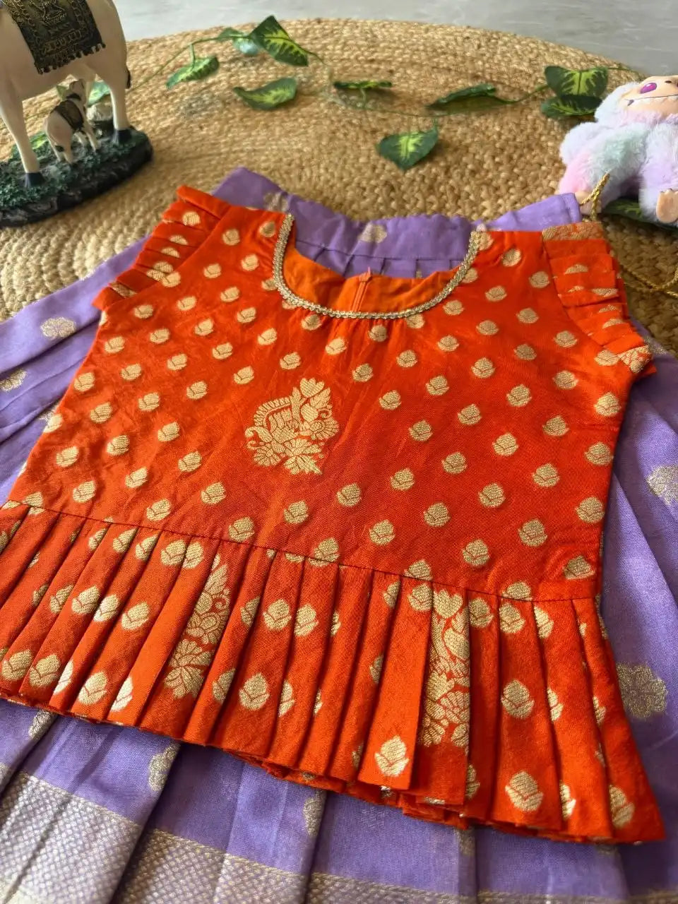 Peacock Grace Kids Lehenga Set - Orange & Lilac
