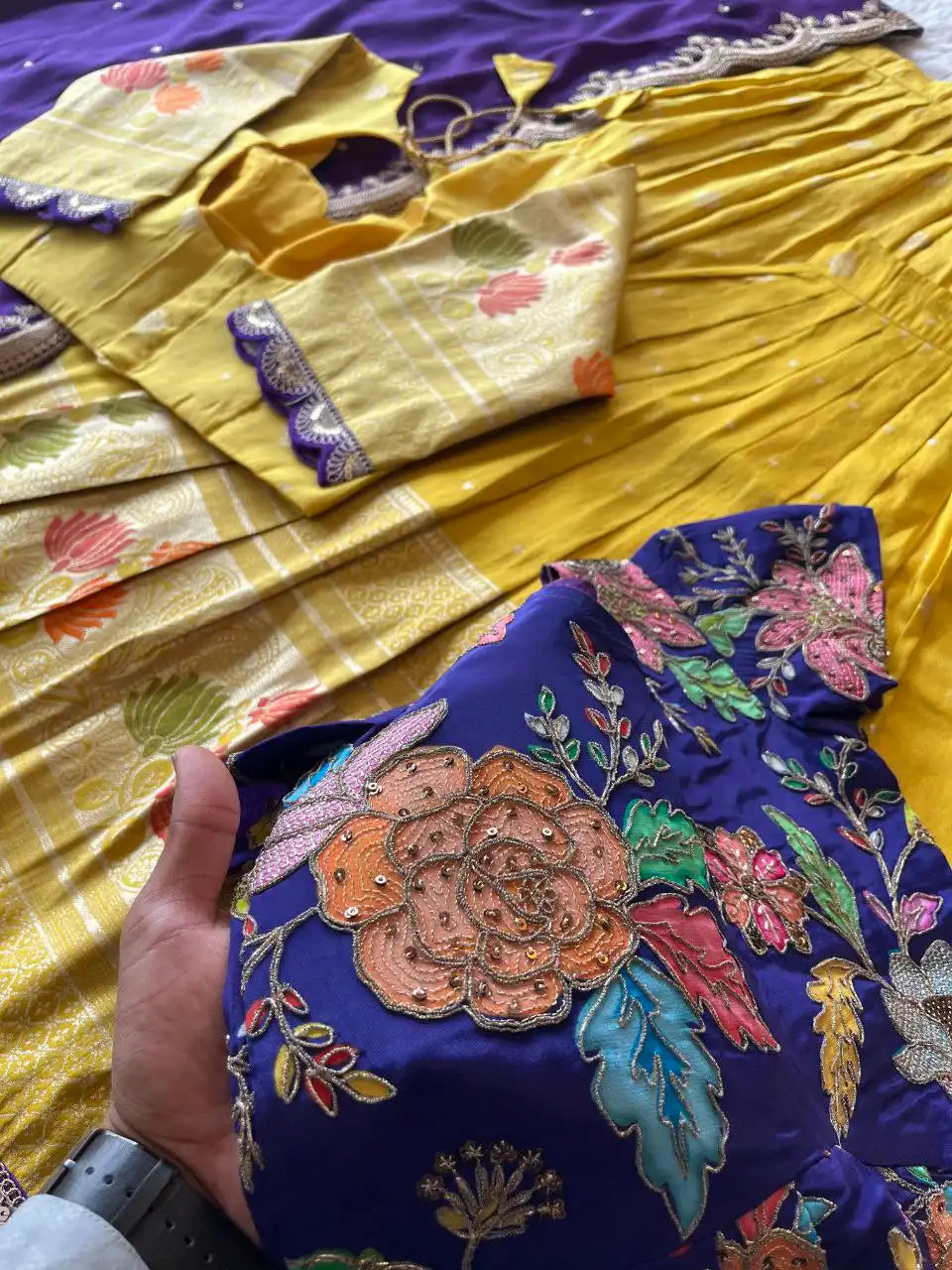 Soft Tissue Silk Embroidered Kids Lehenga Choli - Blue & Yellow