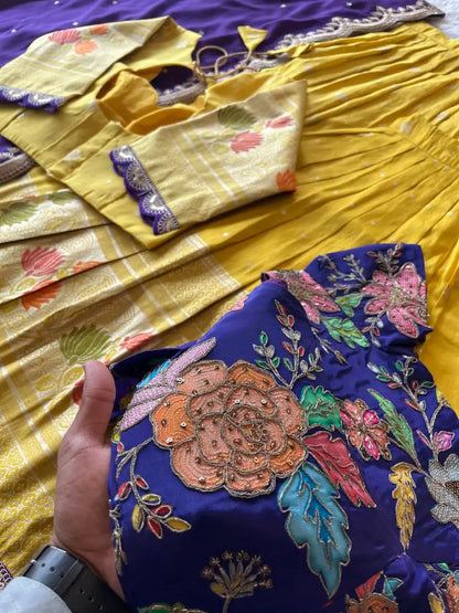 Soft Tissue Silk Embroidered Kids Lehenga Choli - Blue & Yellow