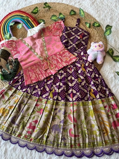 Kids Gown with Designer Coat - Pink & Purple