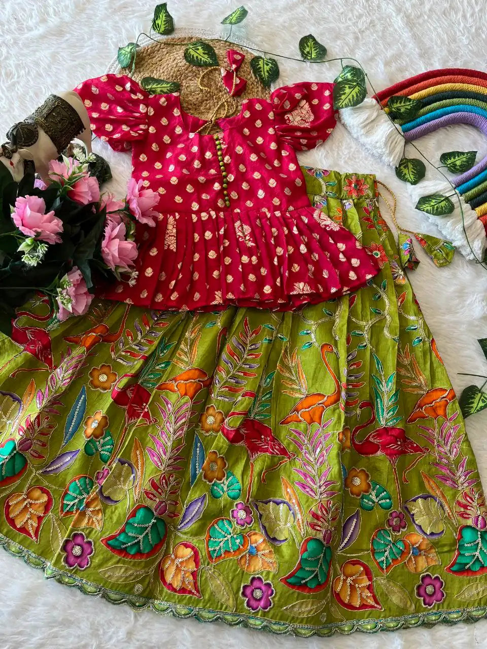 Kids Dola Silk Position Embroidered Lehenga Set - Pink