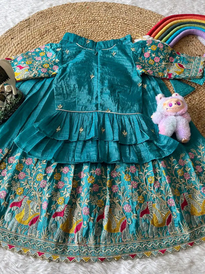 Kids Crush Fabric Elephant Embroidery Lehenga Set - Sky